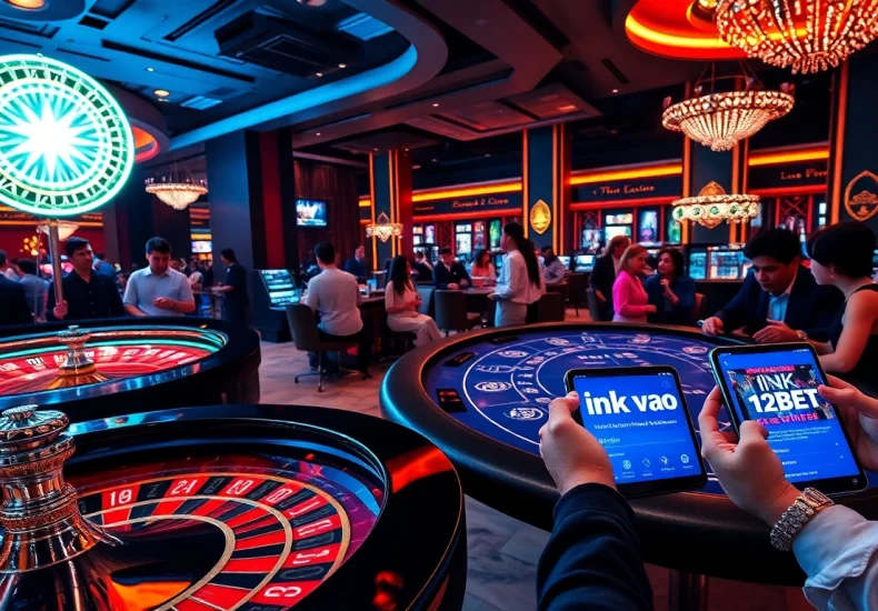 Players accessing ink vao 12bet through mobile devices in an exciting casino setting.