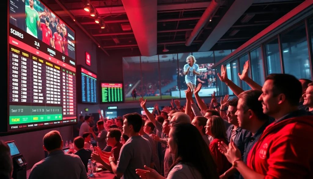 Engaging scene inside sportsbooks in Canada showing fans celebrating and betting on games.