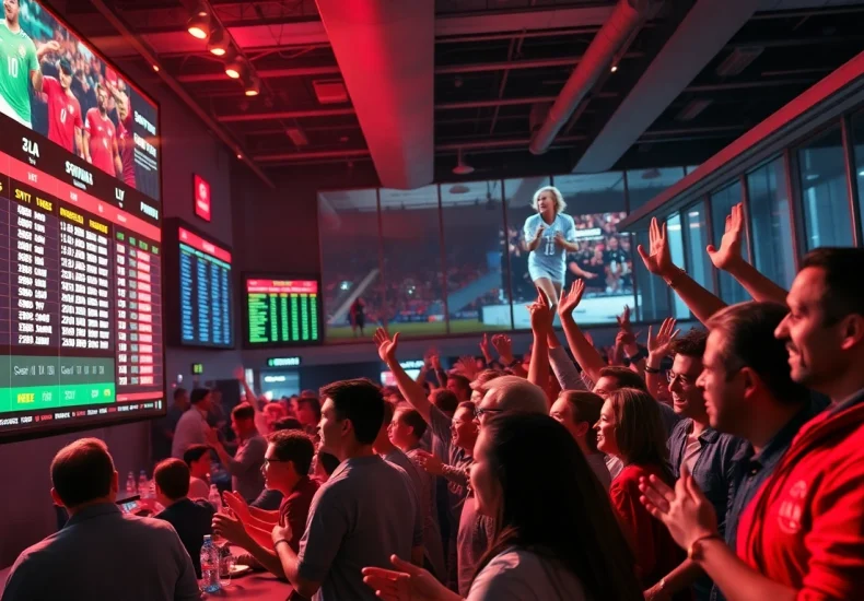 Engaging scene inside sportsbooks in Canada showing fans celebrating and betting on games.