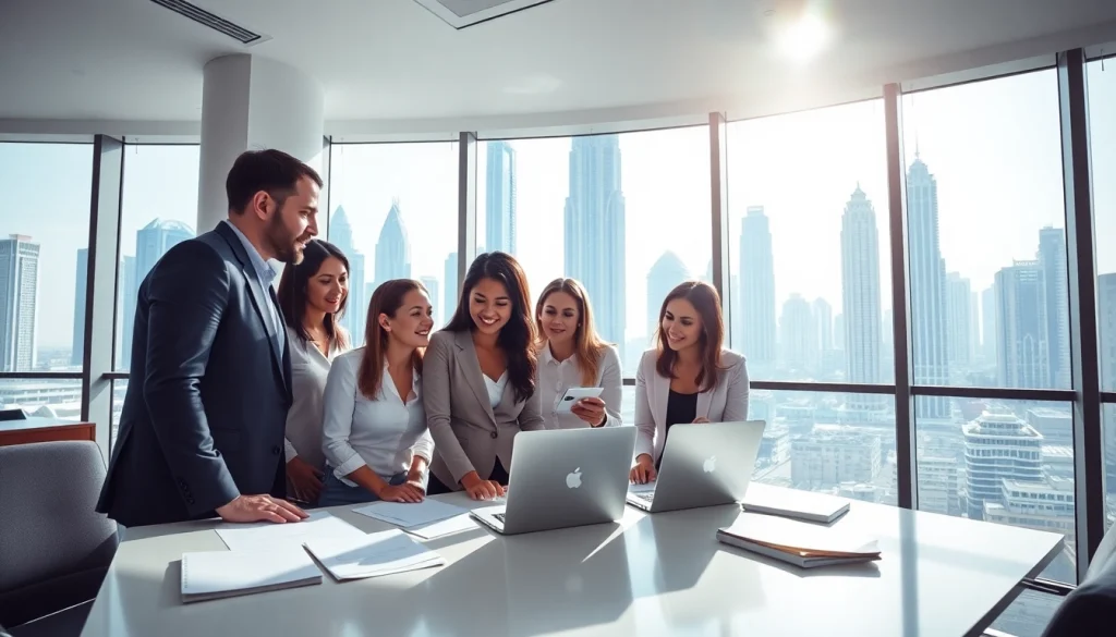 Business Consultants in Dubai discussing strategies in a modern office overlooking the skyline.