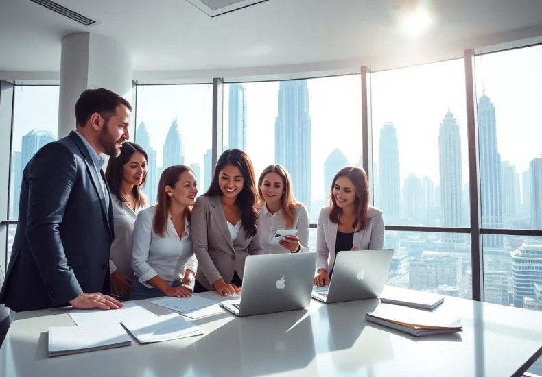 Business Consultants in Dubai discussing strategies in a modern office overlooking the skyline.