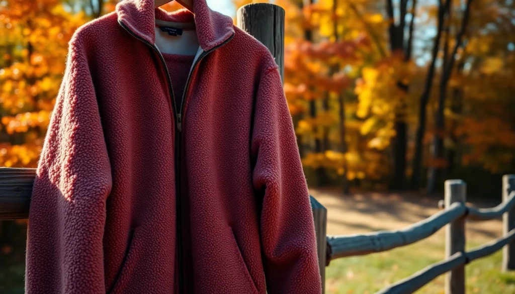 Fleece-jack in een warme herfstsetting met levendige kleuren en natuurlijke lichtinvloeden.