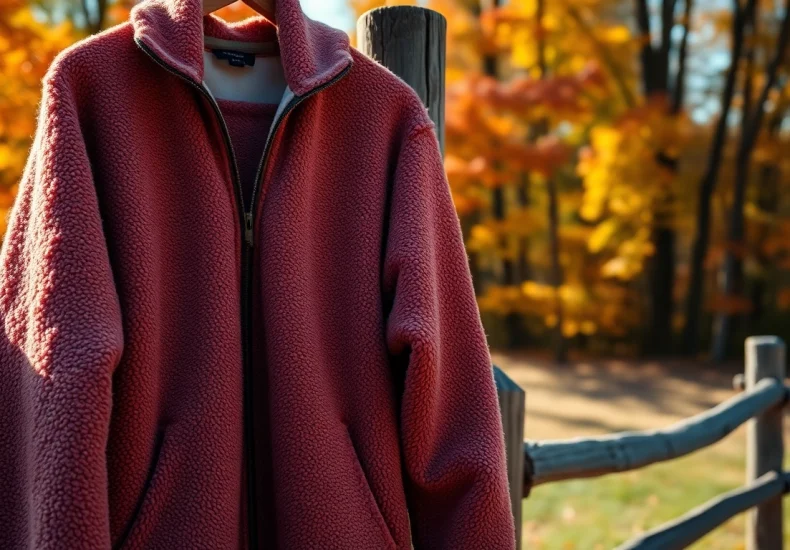 Fleece-jack in een warme herfstsetting met levendige kleuren en natuurlijke lichtinvloeden.