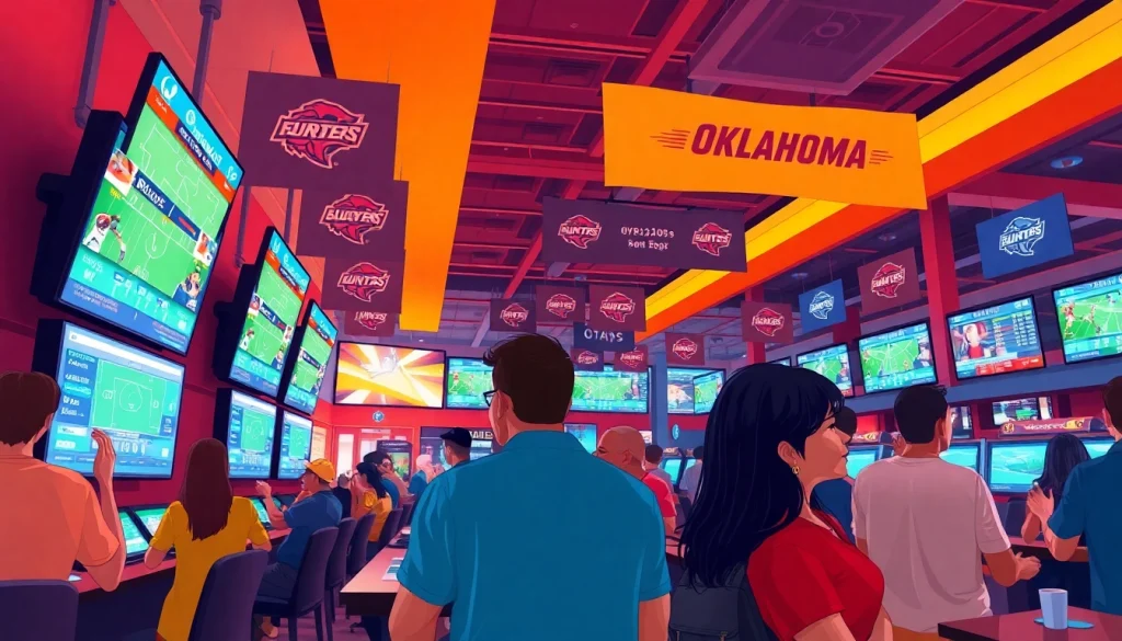 Engaged bettors enjoying sportsbooks in Oklahoma, showcasing their excitement in a lively environment.
