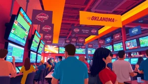 Engaged bettors enjoying sportsbooks in Oklahoma, showcasing their excitement in a lively environment.
