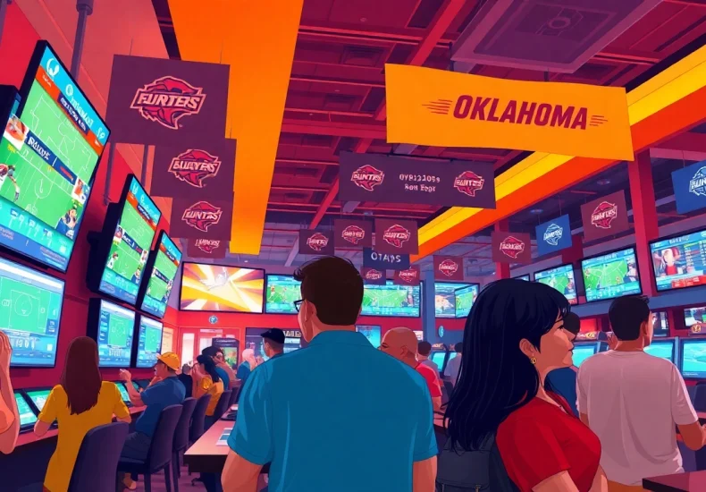 Engaged bettors enjoying sportsbooks in Oklahoma, showcasing their excitement in a lively environment.