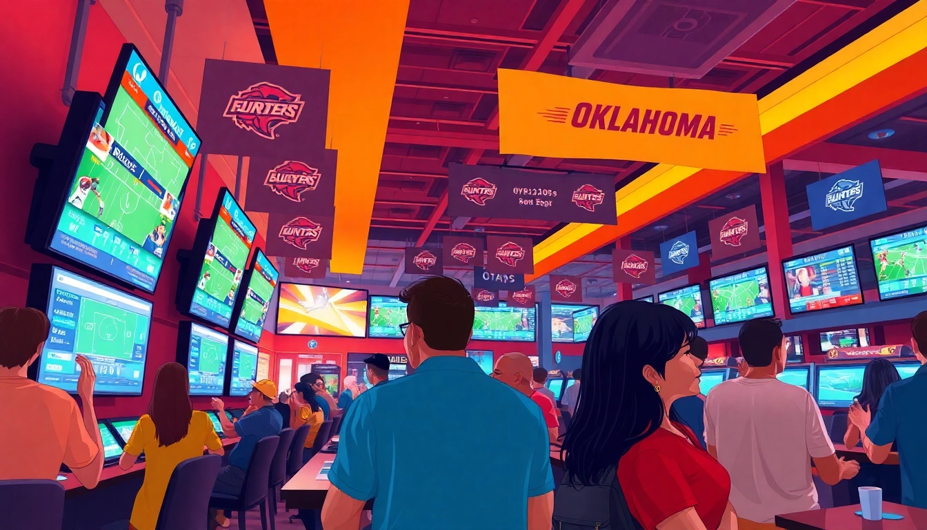Engaged bettors enjoying sportsbooks in Oklahoma, showcasing their excitement in a lively environment.