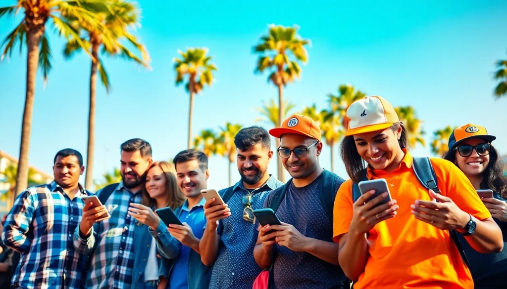 Engaged bettors experience sportsbooks in California with devices in a vibrant outdoor setting.