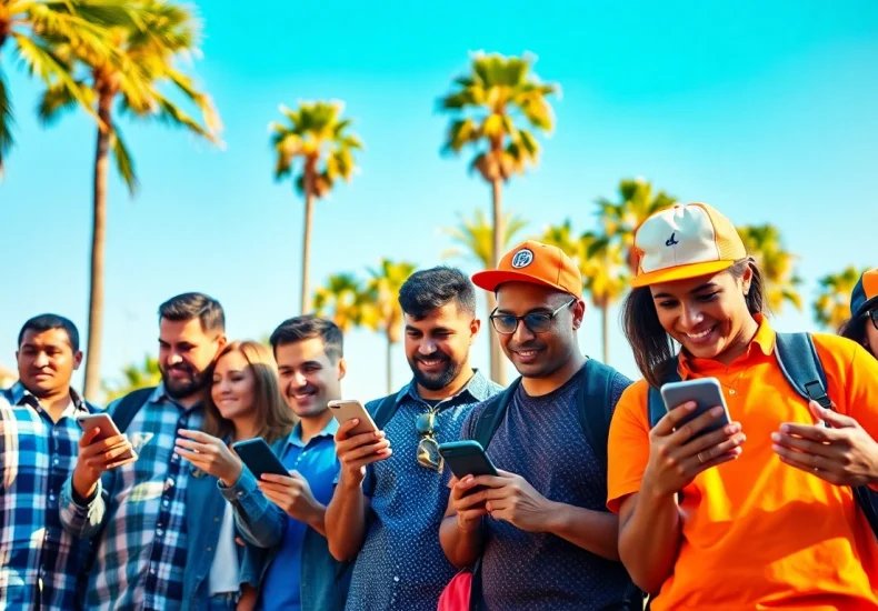 Engaged bettors experience sportsbooks in California with devices in a vibrant outdoor setting.