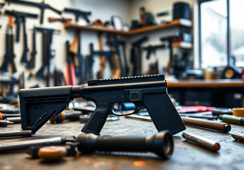 Showcasing the Forced reset trigger on a workbench with precise details and crafting tools.