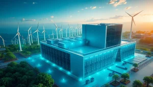Visual representation of crypto cloud mining facility powered by renewable energy sources, showcasing innovation and sustainability.