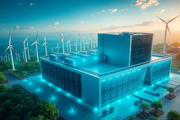 Visual representation of crypto cloud mining facility powered by renewable energy sources, showcasing innovation and sustainability.