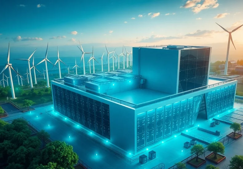 Visual representation of crypto cloud mining facility powered by renewable energy sources, showcasing innovation and sustainability.