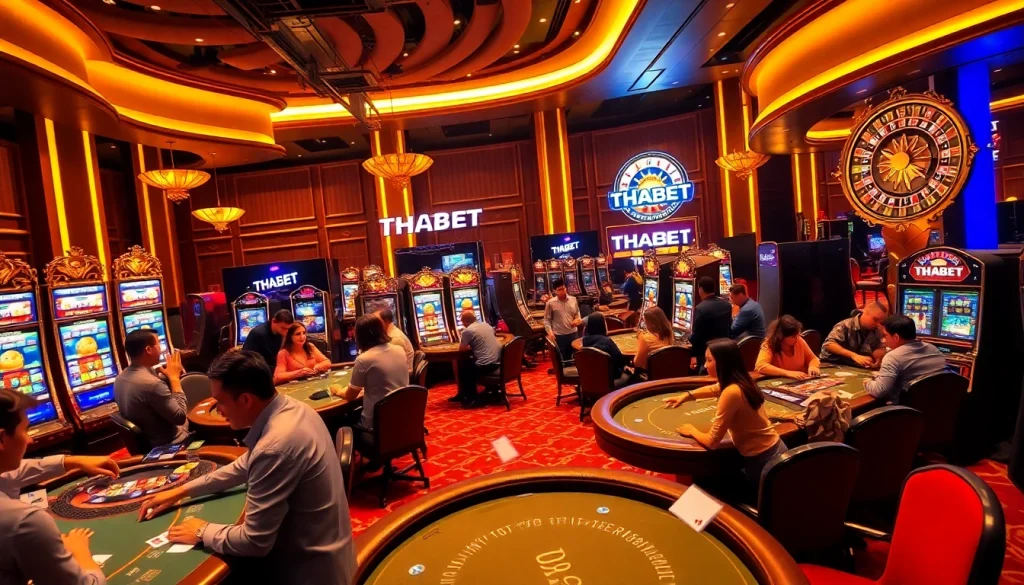 THABET casino experience with players enjoying various games and vibrant slot machines.