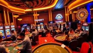 THABET casino experience with players enjoying various games and vibrant slot machines.