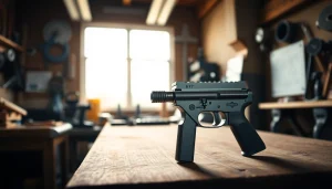 Showcasing high-quality forced reset trigger on a workbench with tools nearby.