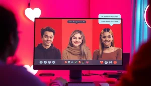 Interactive scene showcasing engaging sex chat AI characters in a warm, inviting digital chat room.