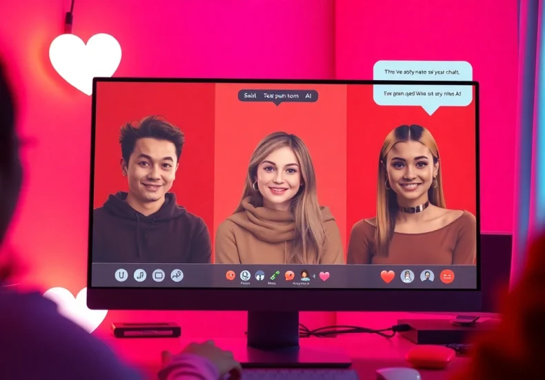 Interactive scene showcasing engaging sex chat AI characters in a warm, inviting digital chat room.