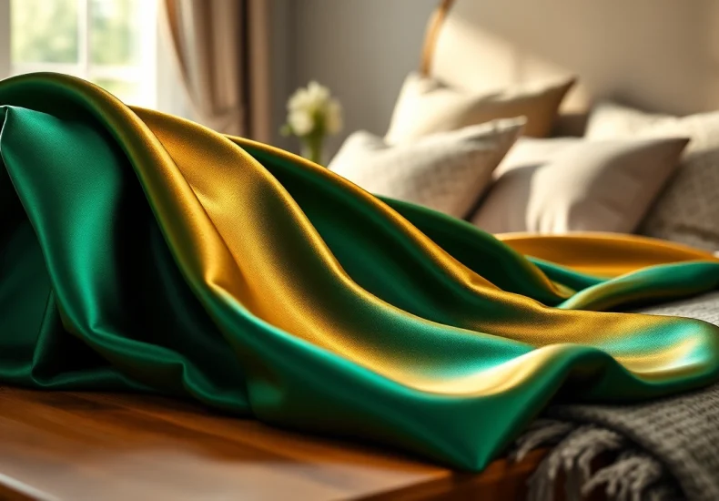 Satijn stof met een glanzende afwerking exquisite gepresenteerd op een houten tafel.