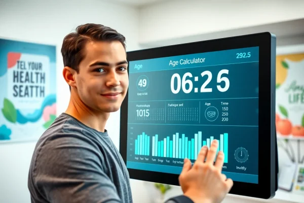 Engage with the biological age calculator in a bright medical office, showcasing health metrics.