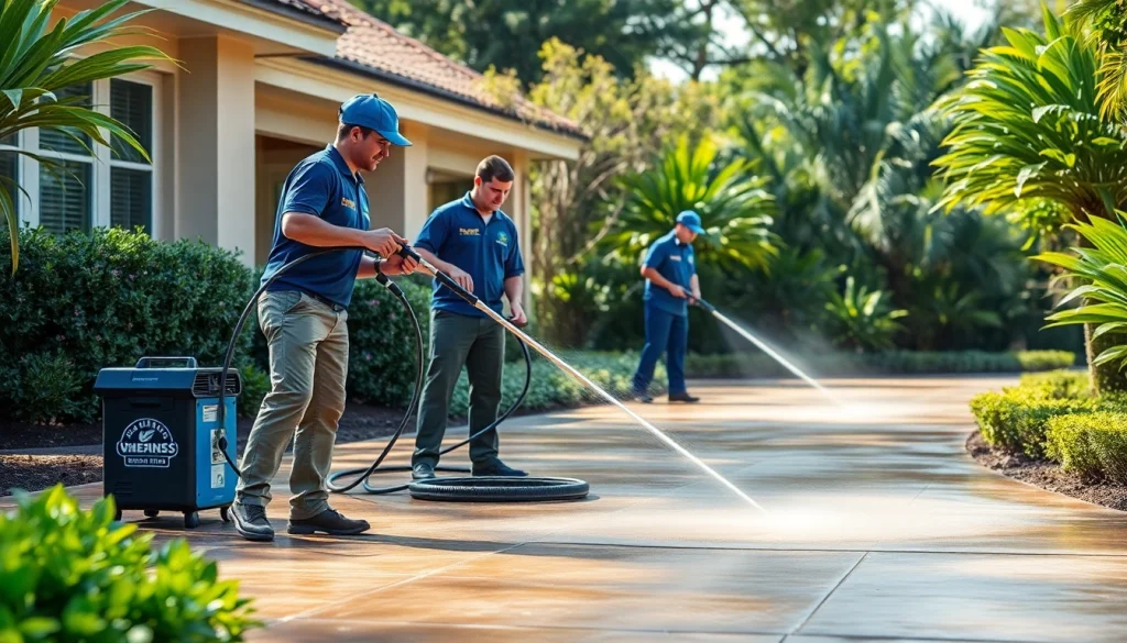 Concrete cleaning in progress by professionals, showcasing effective pressure washing techniques.