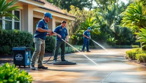 Concrete cleaning in progress by professionals, showcasing effective pressure washing techniques.
