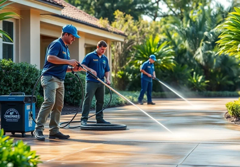 Concrete cleaning in progress by professionals, showcasing effective pressure washing techniques.