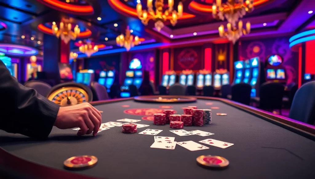 Players enjoying a vibrant gaming experience at bk8thai casino with poker chips and slot machines.