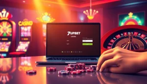 Visual representation of 7upbet login page in a luxurious online casino setting, featuring poker chips and slot machines.