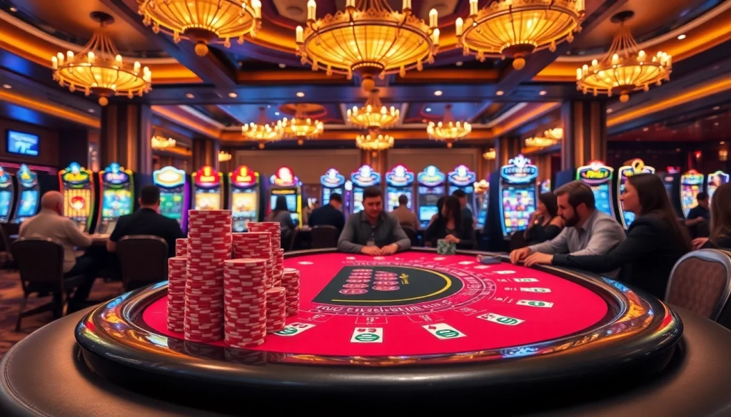 Link vào j88 showcased in a vibrant casino scene, featuring excited players and a glamorous blackjack table.