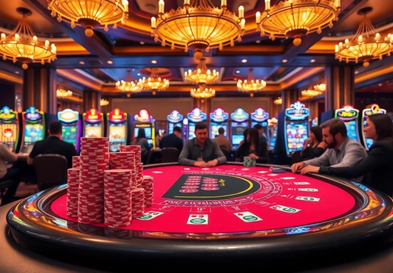 Link vào j88 showcased in a vibrant casino scene, featuring excited players and a glamorous blackjack table.