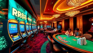 Engaging players at the RR88 KJC casino with vibrant slot machines and roulette, showcasing an exciting gambling experience.