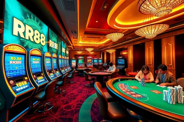 Engaging players at the RR88 KJC casino with vibrant slot machines and roulette, showcasing an exciting gambling experience.