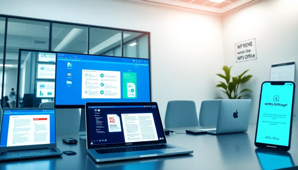 展示WPS Office套件的创新工作空间，突出生产力和科技感。