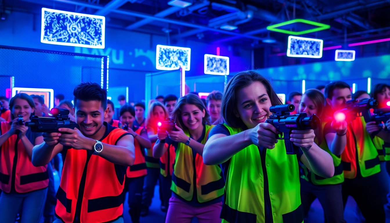 Players immersed in a thrilling laser tag match within a vibrant arena filled with obstacles.