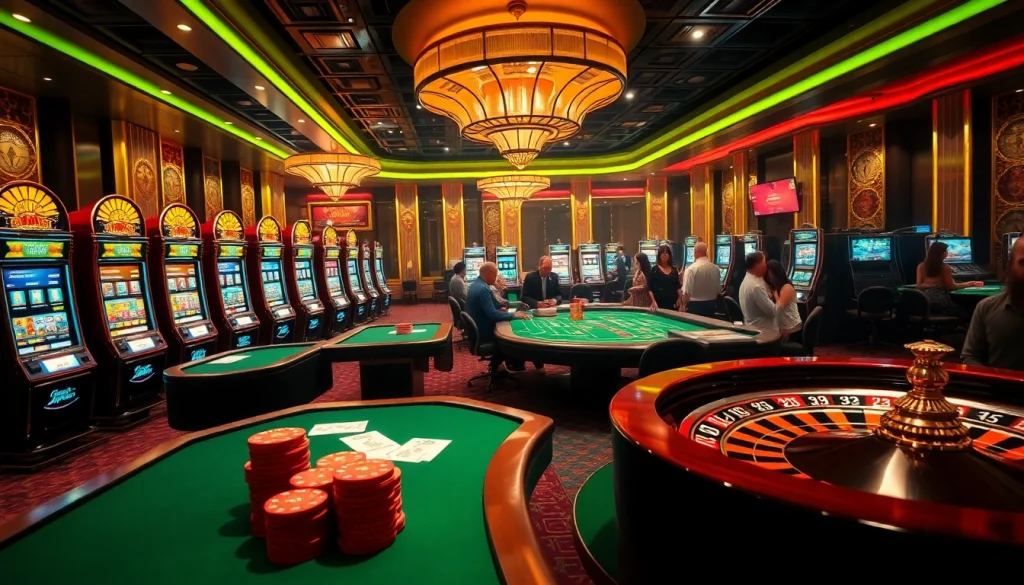 Exciting gambling scene showcasing poker tables and slot machines in an aura of hidden wiki onion allure.