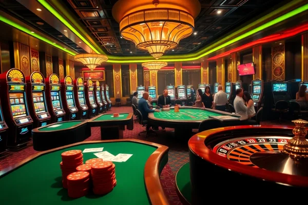 Exciting gambling scene showcasing poker tables and slot machines in an aura of hidden wiki onion allure.