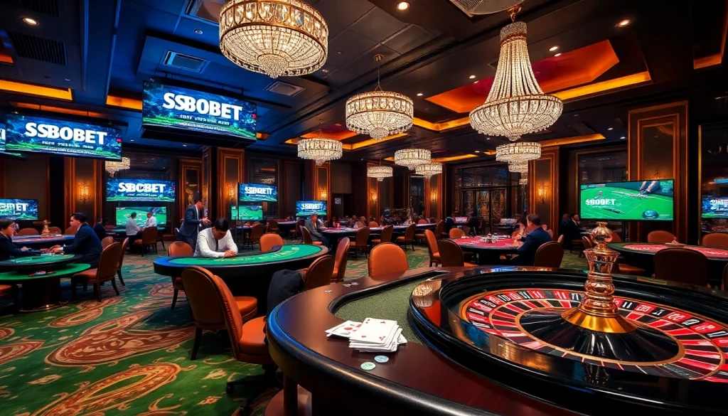 SBOBET betting on a luxurious casino table with poker chips and cards.