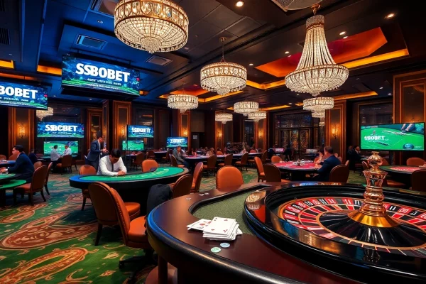 SBOBET betting on a luxurious casino table with poker chips and cards.