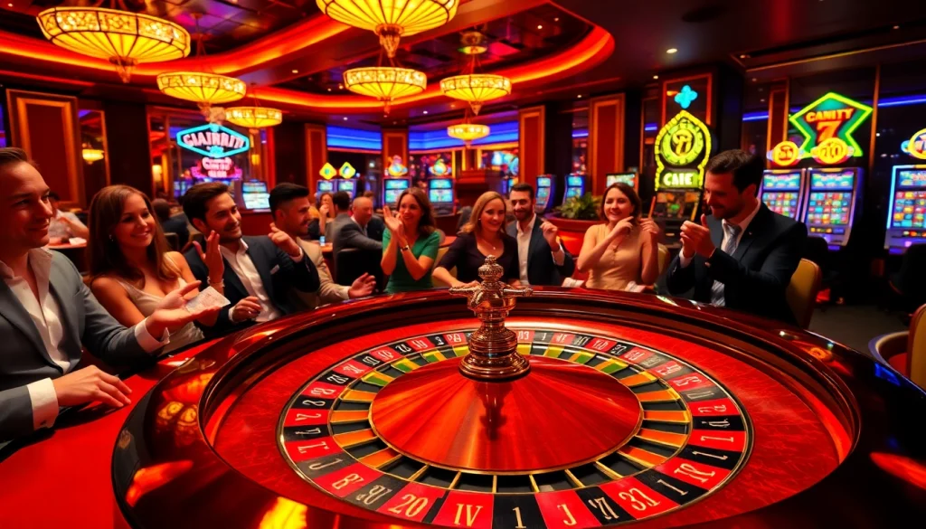 Người chơi hào hứng thưởng thức một ván chơi đầy cảm xúc tại bàn casino cg79 với ánh đèn rực rỡ và trang trí sang trọng.