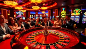 Người chơi hào hứng thưởng thức một ván chơi đầy cảm xúc tại bàn casino cg79 với ánh đèn rực rỡ và trang trí sang trọng.