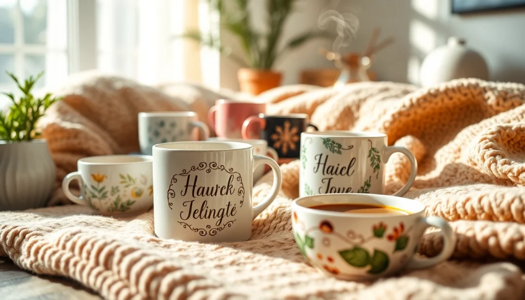 Personalizuoti puodeliai rodomi jaukiame namų interjere, demonstruojantys išskirtinius dizainus.