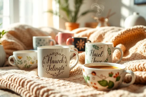 Personalizuoti puodeliai rodomi jaukiame namų interjere, demonstruojantys išskirtinius dizainus.