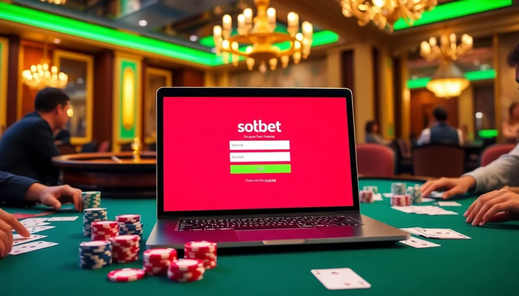 Engage in thrilling sbobet login action at a luxurious casino table with colorful chips and cards.