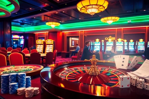 Engaging gg88 online gambling scene with vibrant casino tables and glowing slot machines.