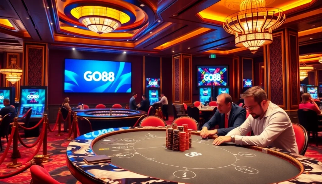 Experience GO88 gaming excitement with engaging poker tables and bright casino lights.