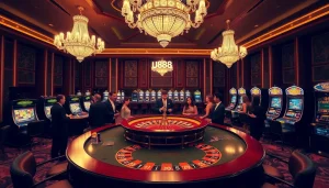 Exciting casino scene with players at u888 roulette table and vibrant slot machines.