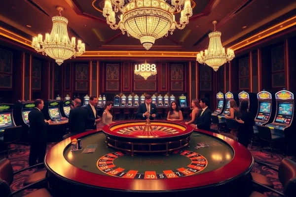 Exciting casino scene with players at u888 roulette table and vibrant slot machines.