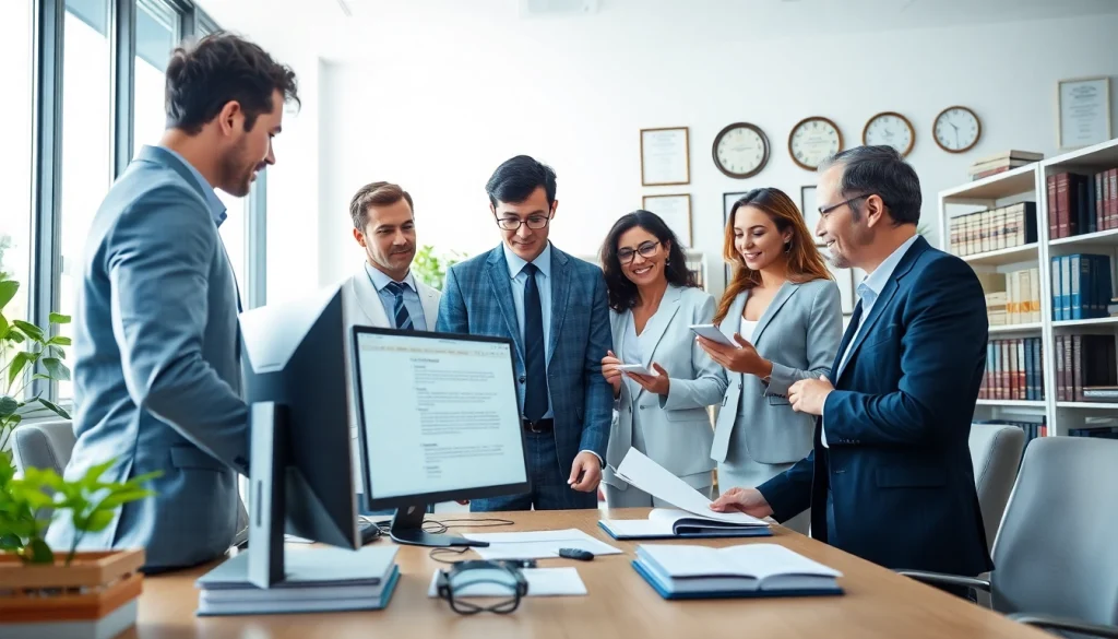 Migration lawyer Sydney team discussing immigration cases in a professional office setting.