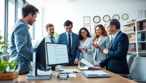 Migration lawyer Sydney team discussing immigration cases in a professional office setting.